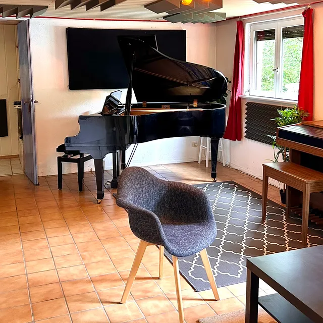 Le piano à queue dans la grande cabine traitée acoustiquement