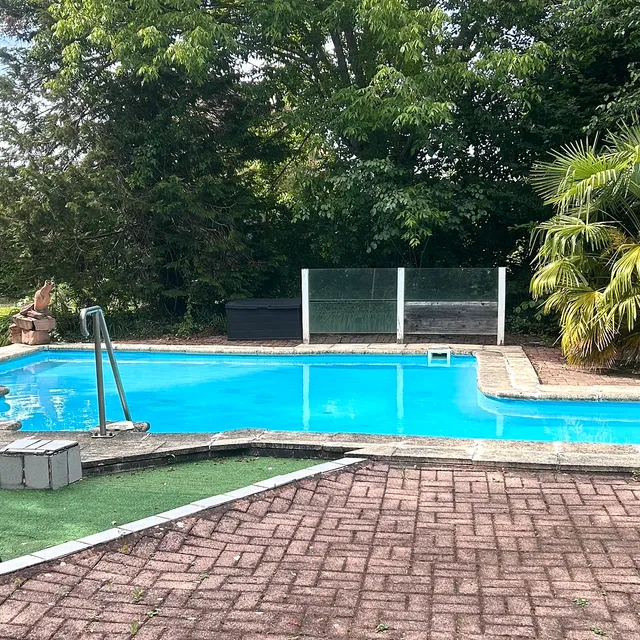 Piscine extérieure turquoise dans le jardin arboré, margelles en pierre, palmier et grande pelouse